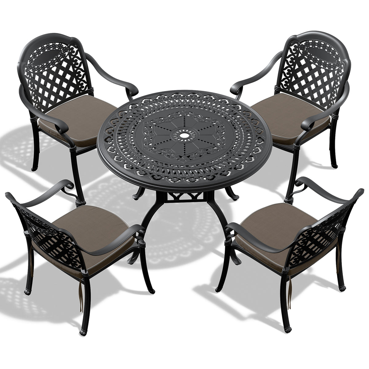 7-Piece Set Of Cast Aluminum Patio Furniture With Black Frame and Seat Cushions In Random Colors