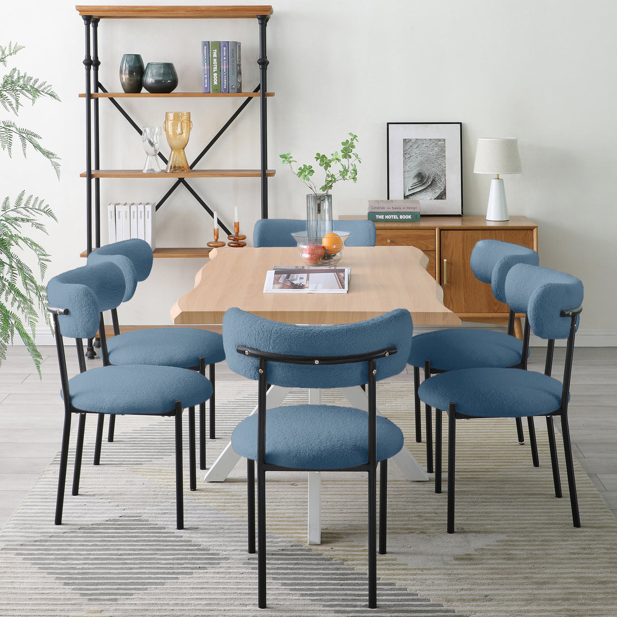 Dining Chairs Set of 2,Round Upholstered Sherpa Fabric Dining Room Chairs with Curved Backrest,Mid-Century Modern Accent Chairs with Black Metal Adjustable Legs for Dining Room,Living Room,Kitchen