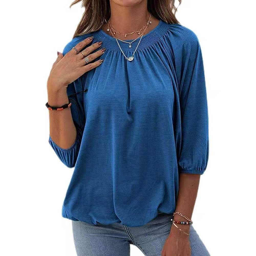 Women's Summer Temperament Pullover Round Neck Loose-fitting Three-quarter Sleeves T-shirt Women