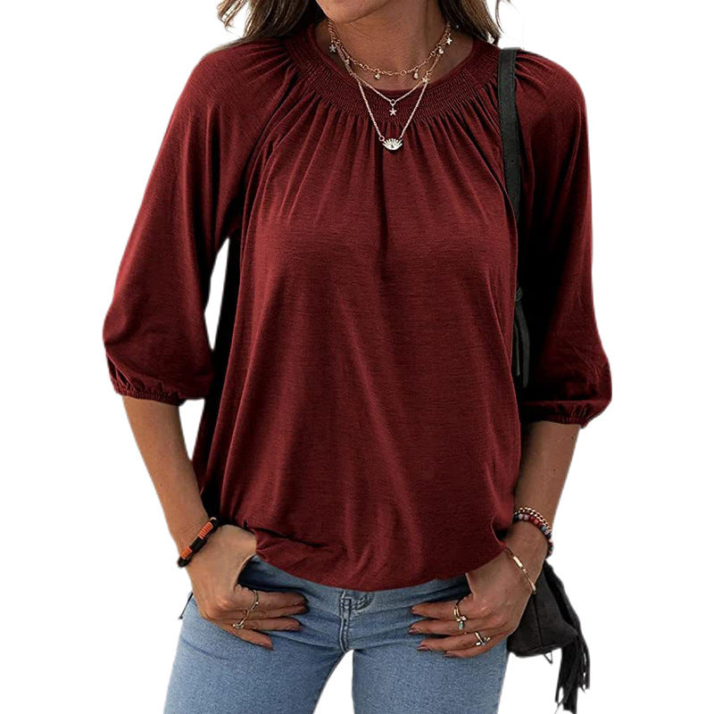 Women's Summer Temperament Pullover Round Neck Loose-fitting Three-quarter Sleeves T-shirt Women