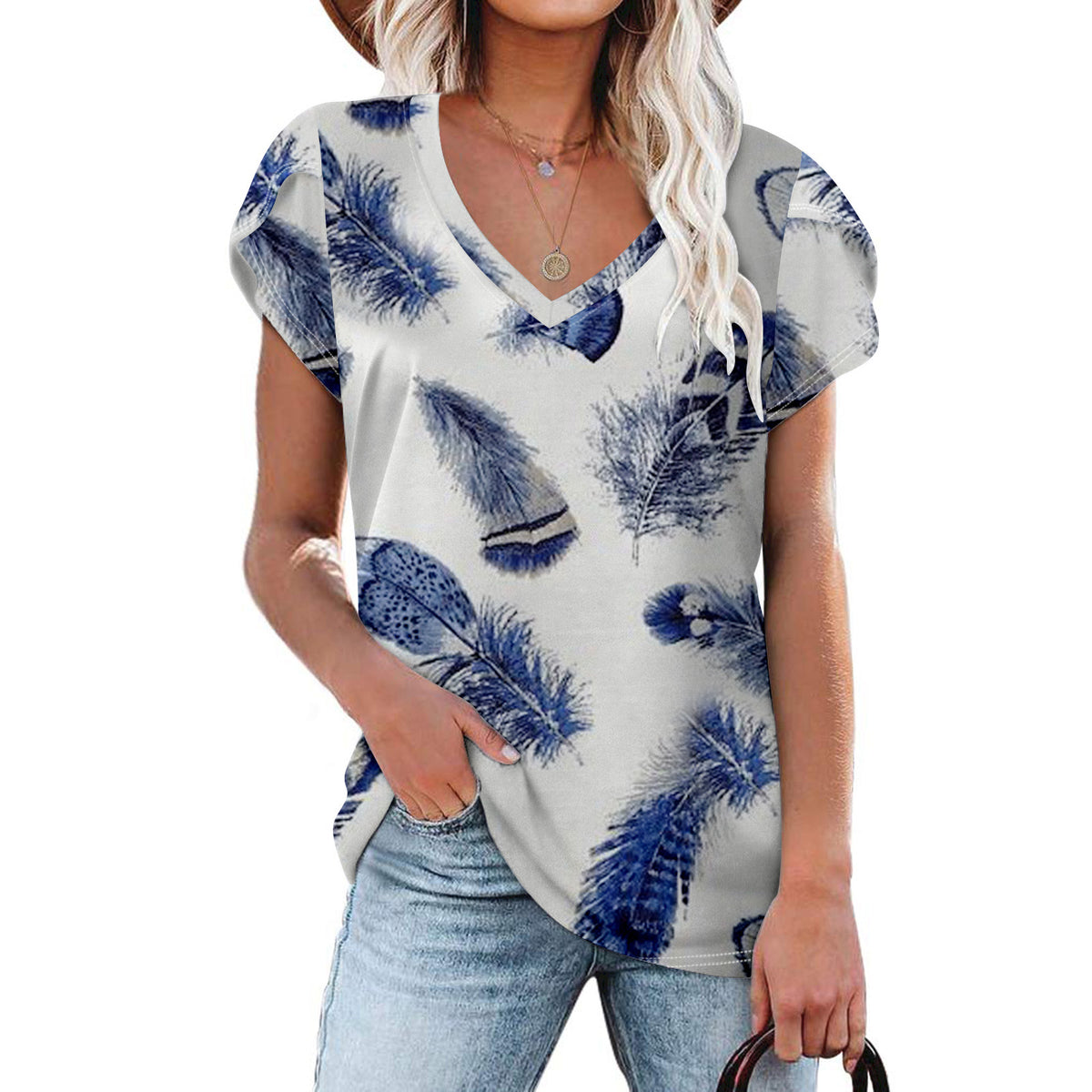 Summer Creative Tie-dye Floral V-neck Loose-fitting Women's Petal Sleeve Shell Sleeve T-shirt