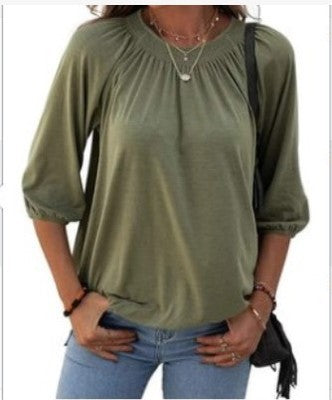 Women's Summer Temperament Pullover Round Neck Loose-fitting Three-quarter Sleeves T-shirt Women