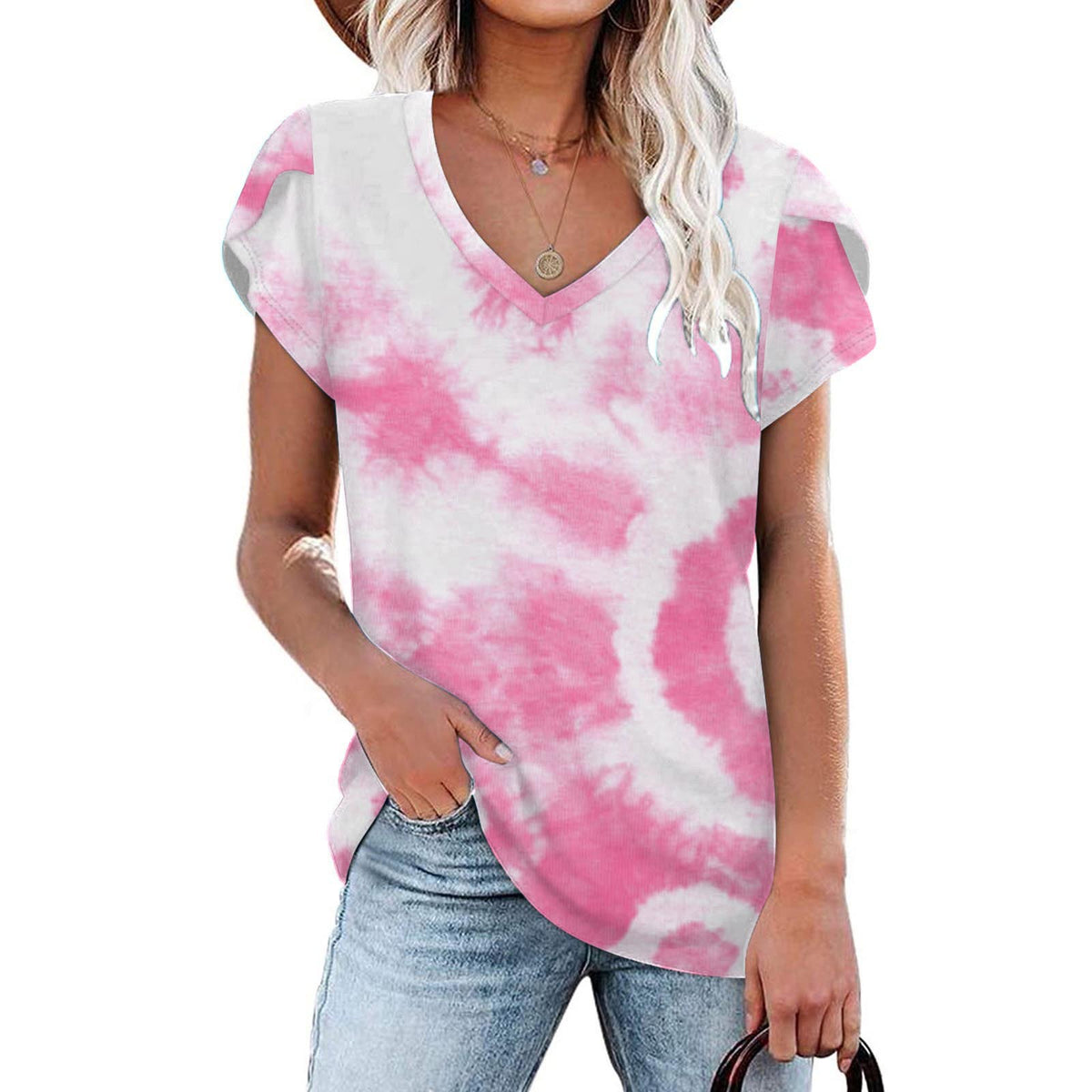 Summer Creative Tie-dye Floral V-neck Loose-fitting Women's Petal Sleeve Shell Sleeve T-shirt