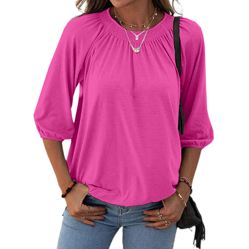Women's Summer Temperament Pullover Round Neck Loose-fitting Three-quarter Sleeves T-shirt Women