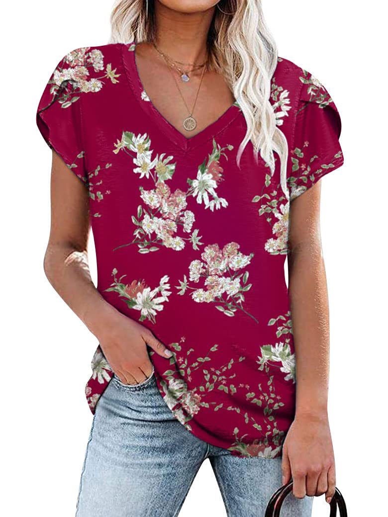 Summer Creative Tie-dye Floral V-neck Loose-fitting Women's Petal Sleeve Shell Sleeve T-shirt