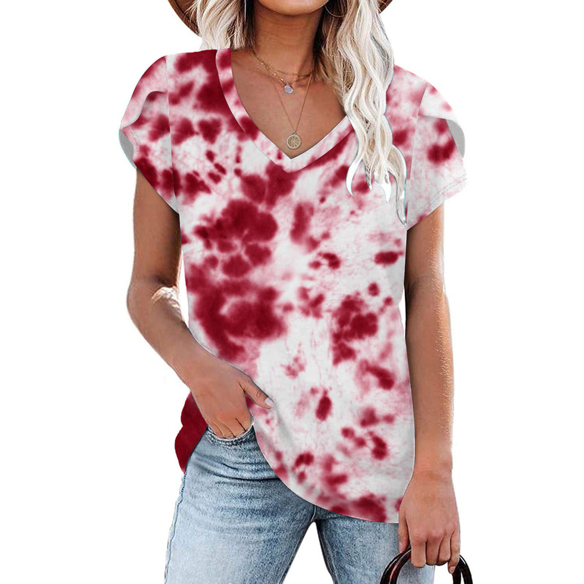 Summer Creative Tie-dye Floral V-neck Loose-fitting Women's Petal Sleeve Shell Sleeve T-shirt