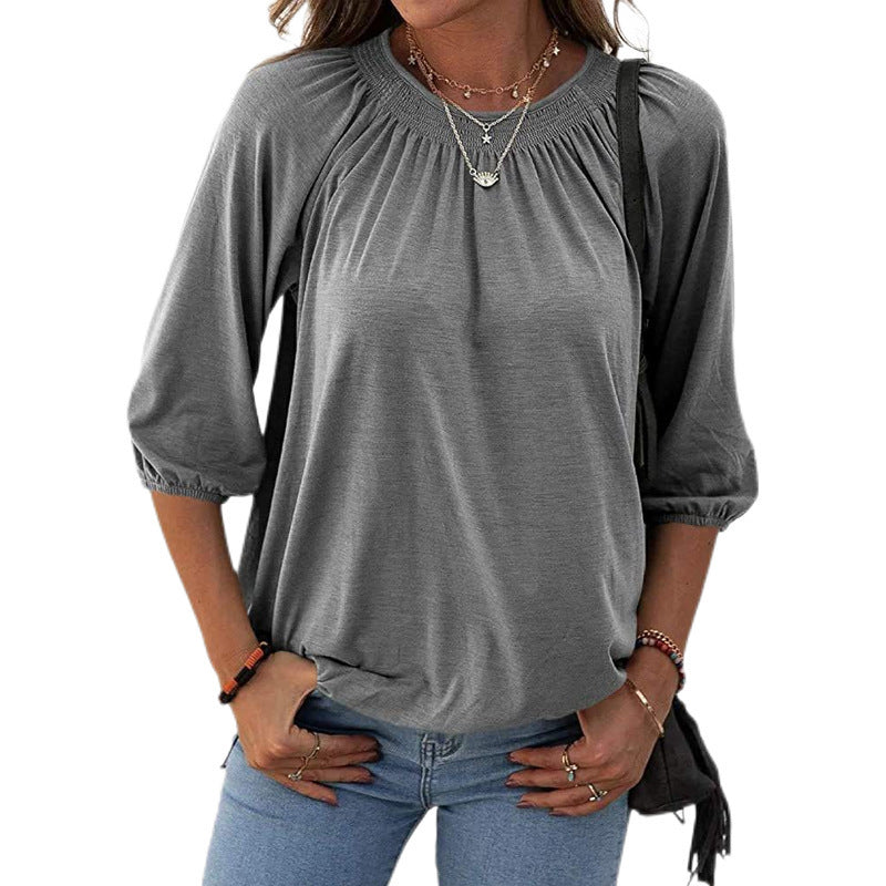 Women's Summer Temperament Pullover Round Neck Loose-fitting Three-quarter Sleeves T-shirt Women