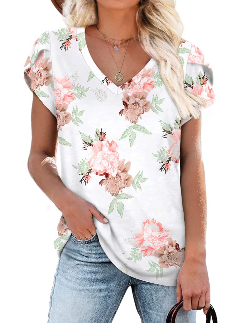 Summer Creative Tie-dye Floral V-neck Loose-fitting Women's Petal Sleeve Shell Sleeve T-shirt