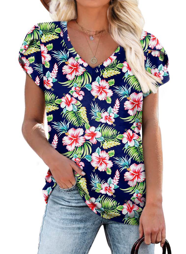 Summer Creative Tie-dye Floral V-neck Loose-fitting Women's Petal Sleeve Shell Sleeve T-shirt
