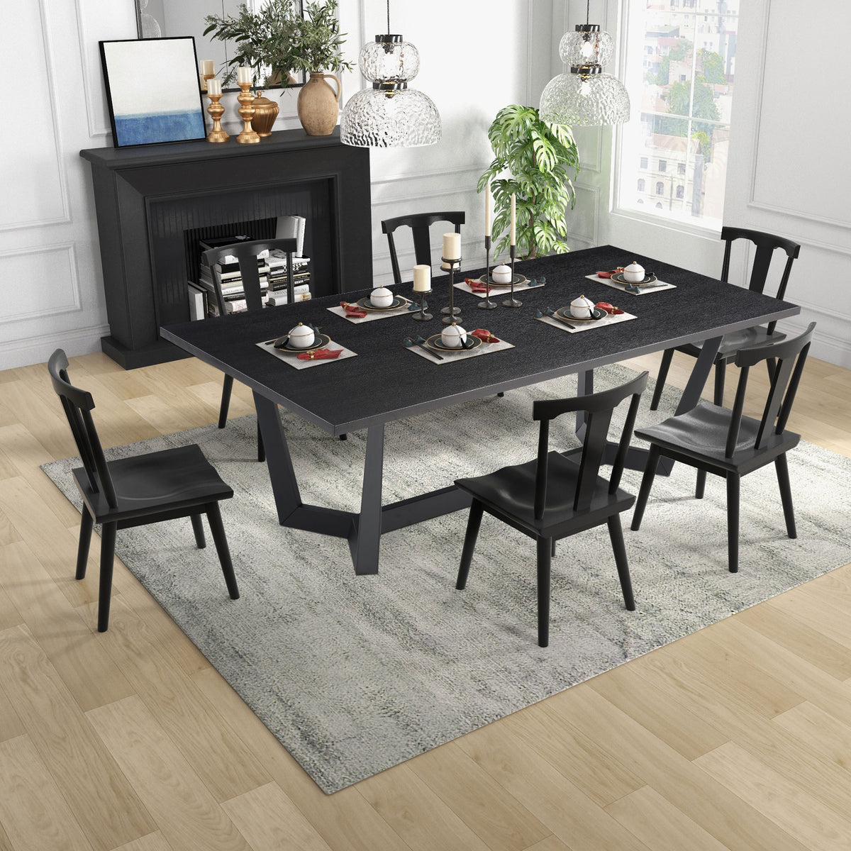 86.86" Dining Table  Mid-Century Modern Rectangle MDF Kitchen Table for Dining Room Balcony Cafe Bar Conference Matt black