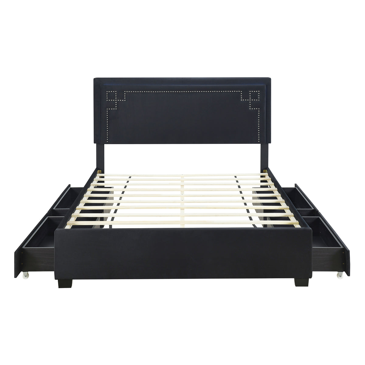 Queen Size Upholstered Platform Bed with Rivet-decorated Headboard, LED bed frame and 4 Drawers, Black