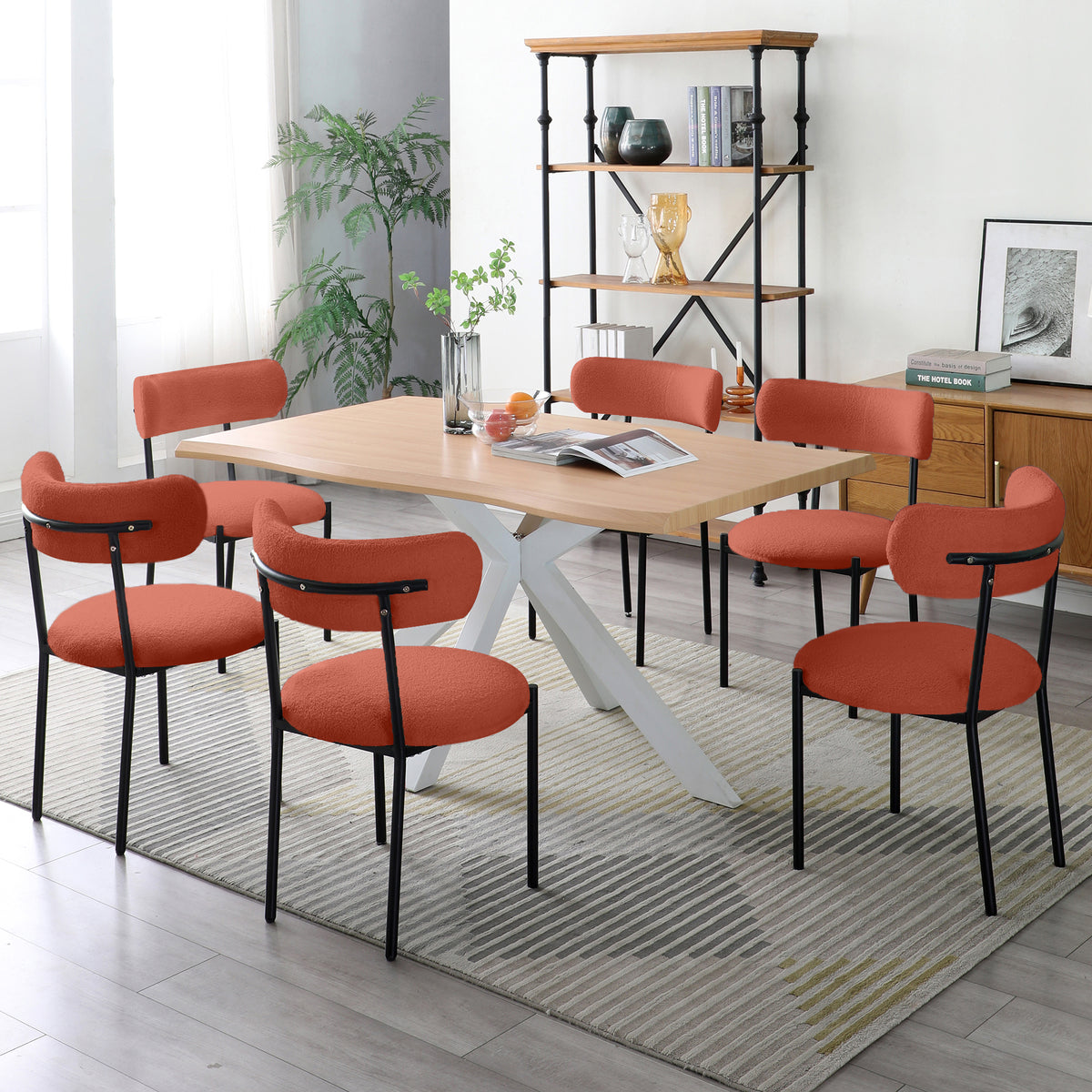 Dining Chairs Set of 2,Round Upholstered Sherpa Fabric Dining Room Chairs with Curved Backrest,Mid-Century Modern Accent Chairs with Black Metal Adjustable Legs for Dining Room,Living Room,Kitchen