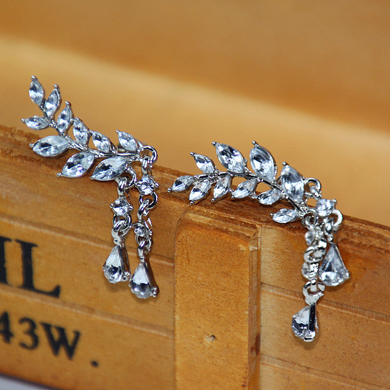 Women's Leaves Tassel Crystal Earrings Zircon Stud Earrings Alloy Ear Jewelry Factory Wholesale Earrings For Women Brincos