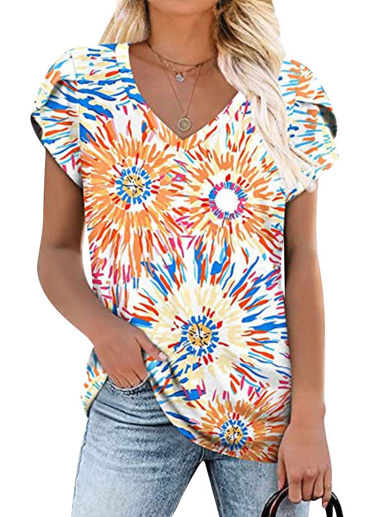 Summer Creative Tie-dye Floral V-neck Loose-fitting Women's Petal Sleeve Shell Sleeve T-shirt